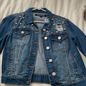NWOT denim coat with pearl accents size medium